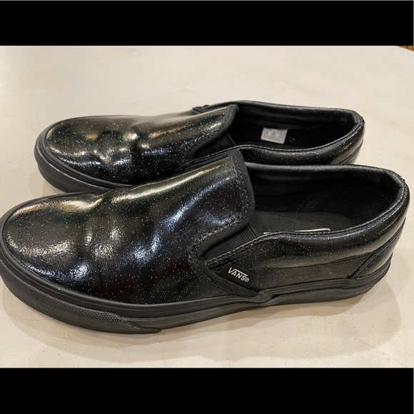 Vans Shoes - VANS, black Patent Galaxy Slip-ons with sparkles. Women’s size 7.